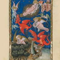 f. 13r, Der himmlische Tempel und die Frau auf der Sonne sowie der siebenköpfige Drache