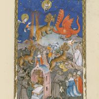 f. 14r, Der Drache, die siebenköpfige, aus dem Meer herausgestiegene Bestie und der falsche Prophet