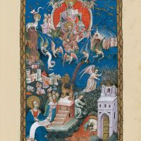 f. 15r, The adoration of the Lamb, the fall of Babylon, the harvesting of the earth