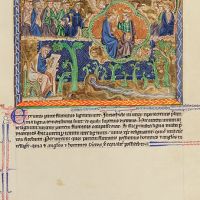 f. 75r, The vision of Ezekiel; Christs equal possession of angel and holy men