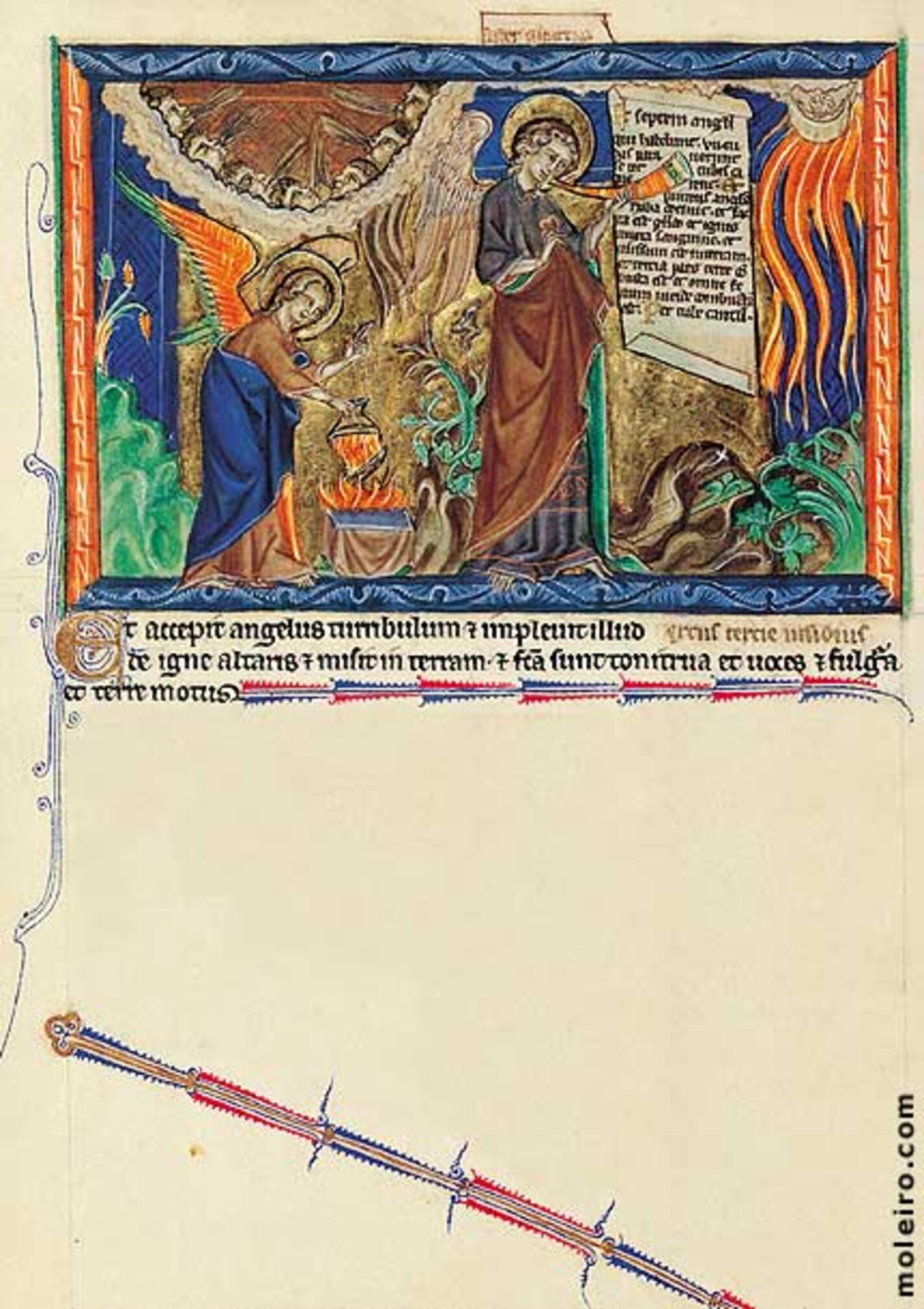f. 16v, El ngel vaca el incensario sobre la tierra; la primera trompeta: la lluvia de fuego sobre la tierra