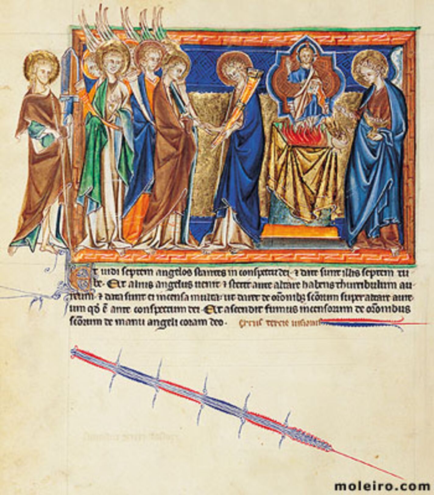 f. 15v, El sptimo sello: la entrega de las siete trompetas; el ngel incensa el altar del cielo