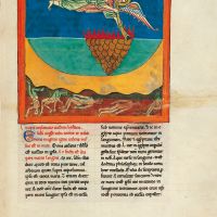 f. 96r, The angel with the second trumpet: the burning mountain is cast into the sea