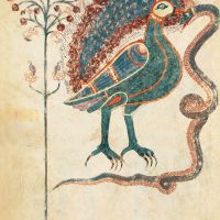 f. 18v Conclusione allegorica del ciclo Cristologico: Luccello e il serpente 