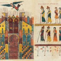 ff. 215v-216r, The fire of Babylon and the mourning of the kings and merchants