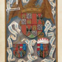 f. 436v, Wappenschild der Katholischen Könige zusammen mit denen ihrer zwei Kinder und deren Ehepartnern