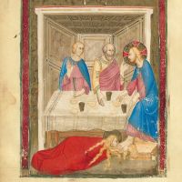 f. 160v: María Magdalena lava los pies de Cristo (Lucas 7, 38)