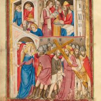 f. 175v: Pilate washing his hands; Jesus condemned to die on the cross (Matt. 27: 24-25 and John 19: 16-17)