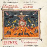 <p>f. 197r. The angel on the sun (Storia: Rev. 19: 17-18), Petrus.</p>
