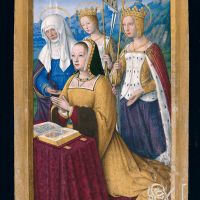 Anne of Brittany at prayer presented by three female saints, f. 3r