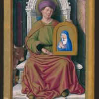 f. 19v, Der Evangelist Lukas zeigt das Porträt der Gottesmutter