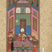f. 7v, Der Sultan Murad III. mit dem Buch der Glückseligkeit