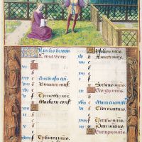 April. Picking Flowers and Making Wreaths, f. 2v