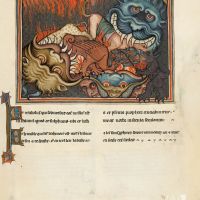 f. 43r · El Dragón, la Bestia del Mar y el Falso Profeta son arrojados al Infierno