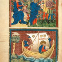 f. 2v · Domiciano destierra a san Juan a la isla de Patmos. San Juan se dirige a Patmos en barco.