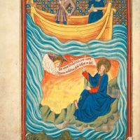 f. 3v · Der Heilige Johannes auf Patmos.<br />
Der Engel enthüllt dem Heiligen Johannes die Offenbarung. 