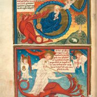 f. 20v · The Woman and the Dragon. The great battle in heaven. (Ap. 12, 1-6 and Ap. 12, 7-8)