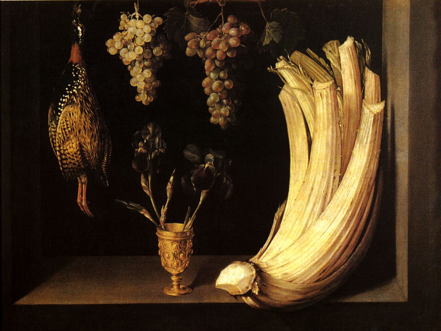 Felipe Ramírez, Bodegón con cardo, francolín, uvas y lirios, 1628. Museo del Prado, Madrid, España.