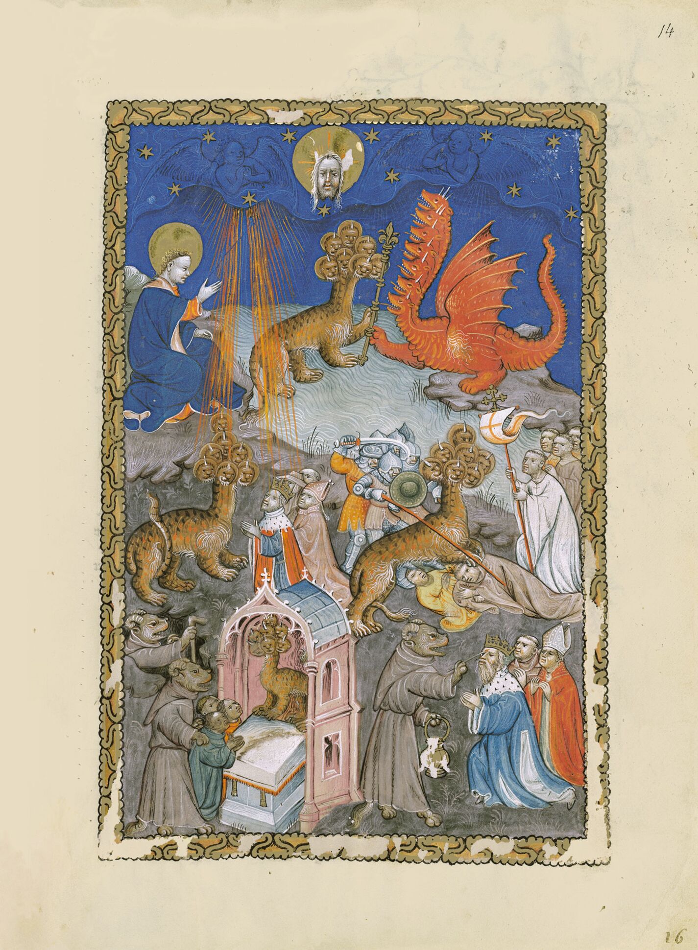<p>f. 14r, El dragón, la bestia de las siete cabezas surgida del mar y el falso profeta</p>