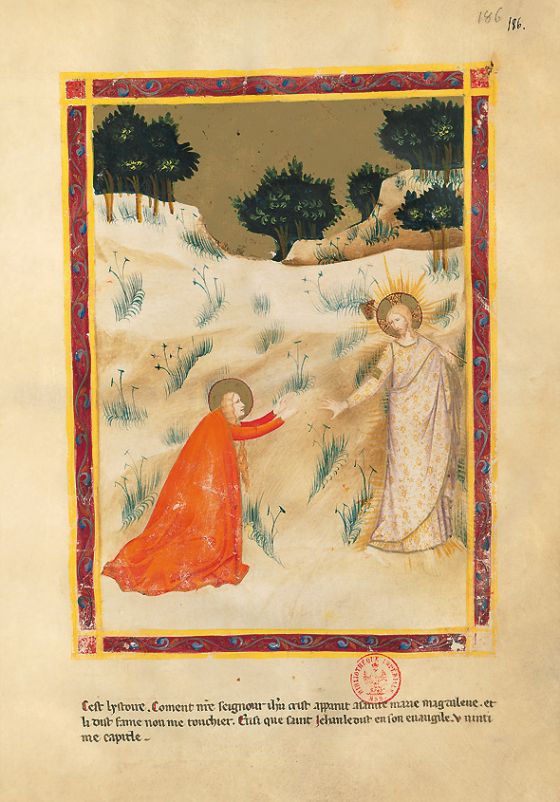Bible moralisée of Naples f. 186r: Noli me tangere (John 20: 15-17)