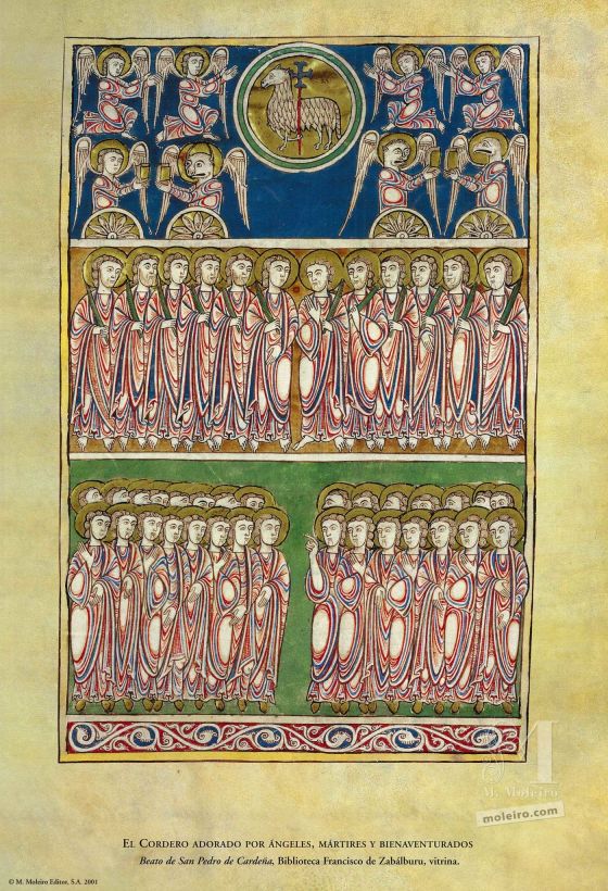 Folder with 12 Art Prints from the Arroyo Beatus, Silos Beatus, Cardeña Beatus and Girona Beatus The Lamb Worshipped by Angels, Martyrs and the Blessed (folio 82), Cardeña Beatus
