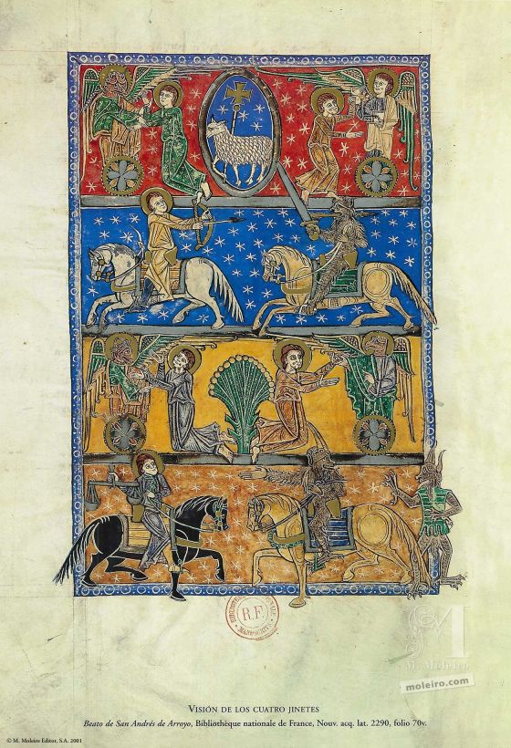 12 pósters de los Beatos de Liébana. Visión de los cuatro jinetes (folio 70v), Beato de Liébana, códice de San Andrés de Arroyo