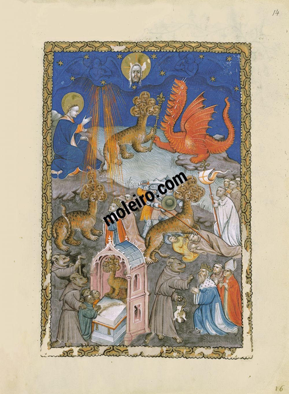 Apocalipsis Flamenco f. 14r, El dragón, la bestia de las siete cabezas surgida del mar y el falso profeta