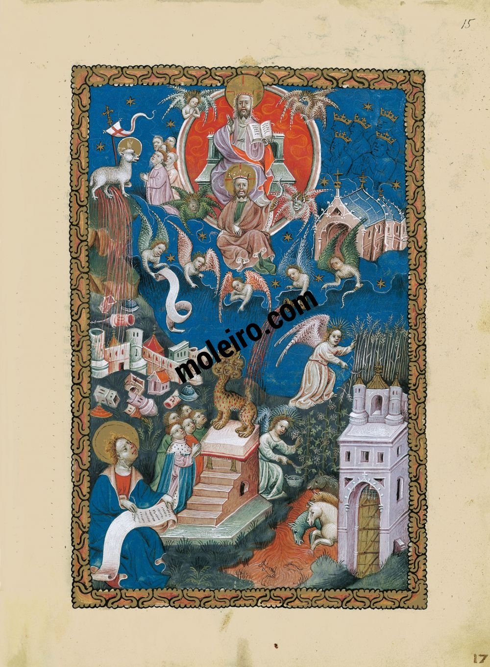 Flämische Apokalypse f. 15r, Die Verehrung des Lammes, der Fall Babylons, die Mahd und die Weinlese
