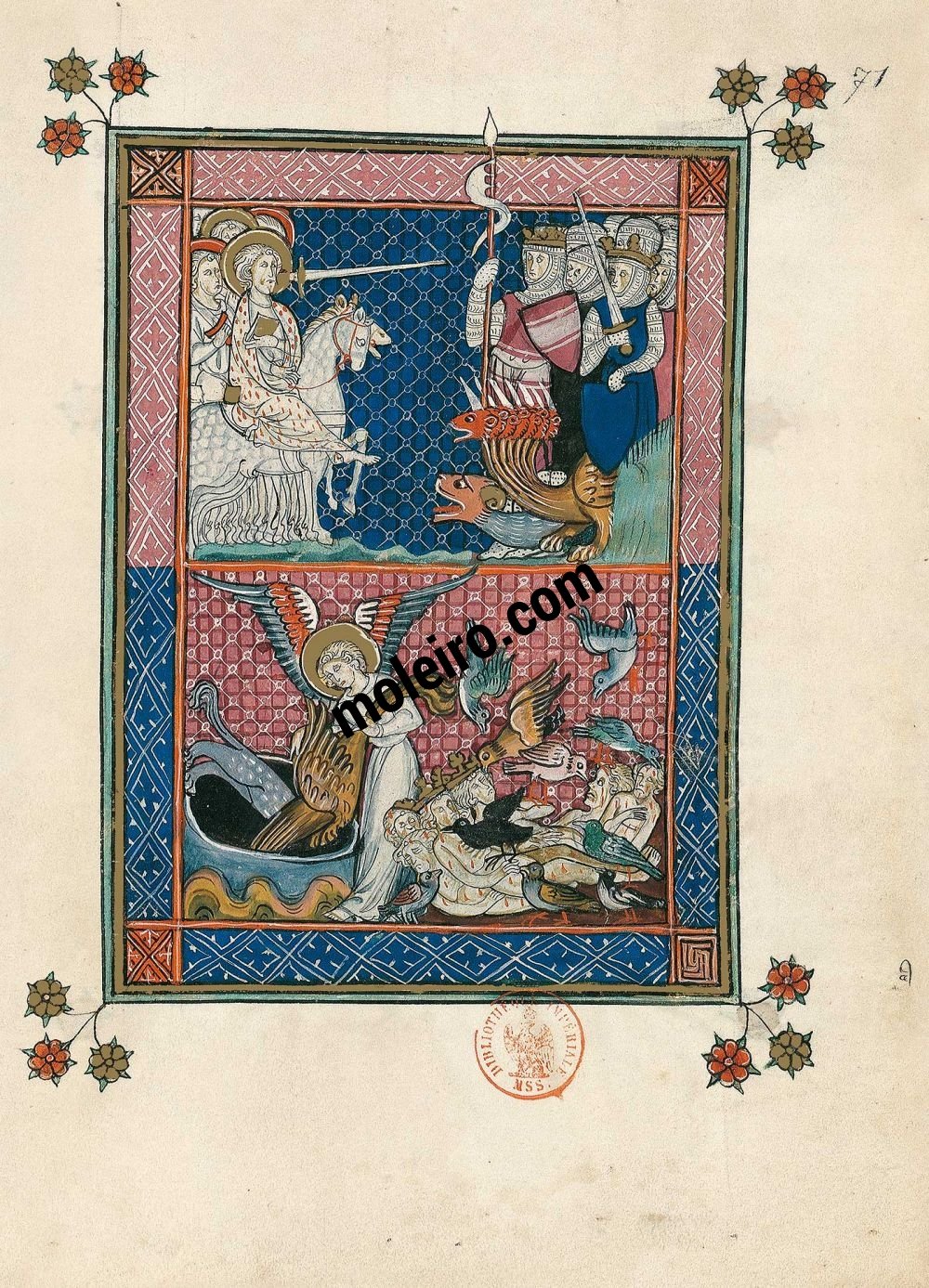 Apokalypse 1313 f. 71r, Fortsetzung des Kampfes und Gefangennahme der Bestie (Offb 19, 19-21)