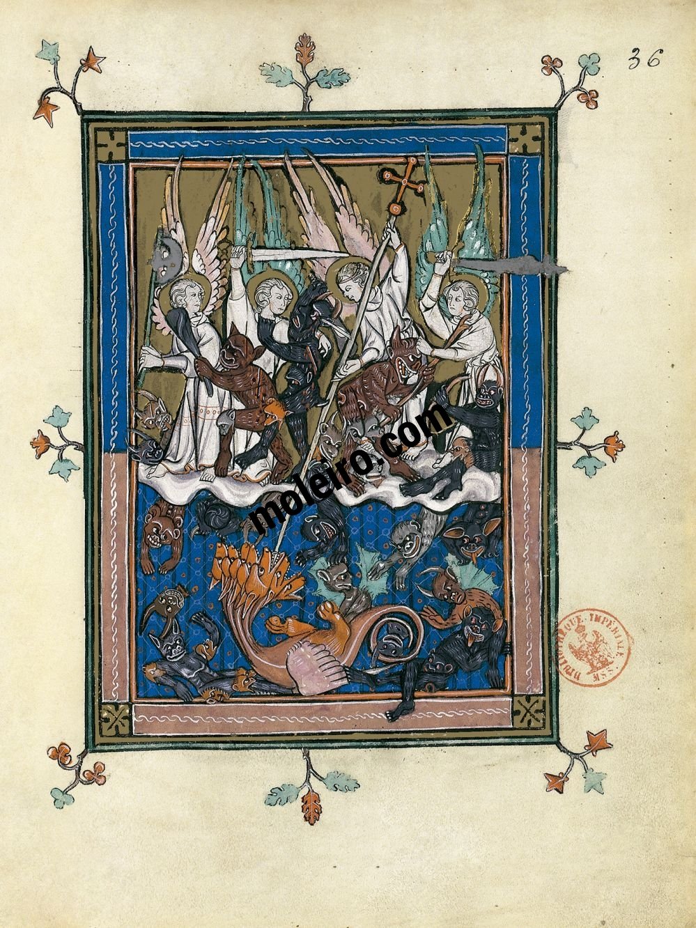 Apokalypse 1313 f. 36r, Die große Schlacht im Himmel (Offenbarung 12, 7-12a)
