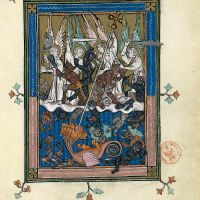 f. 36r, Une grande bataille dans le ciel (Apocalypse, 12, 7-12a)