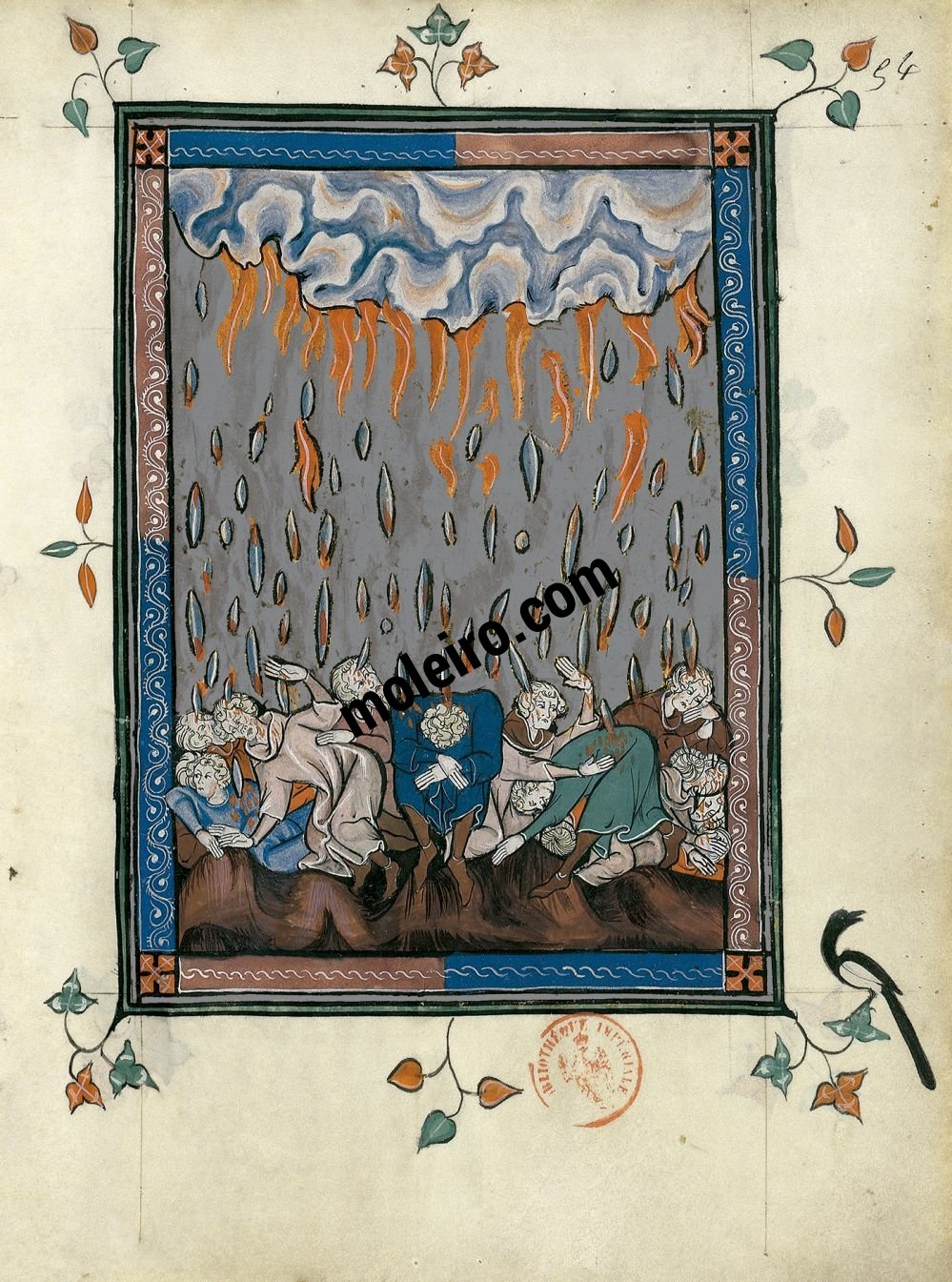 L'Apocalypse en Français f. 54r, La pluie de grêlons (Apocalypse, 16, 21)