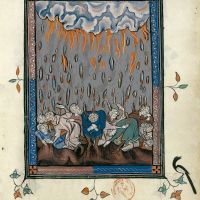 f. 54r, La lluvia de granizo (Apocalipsis 16, 21)