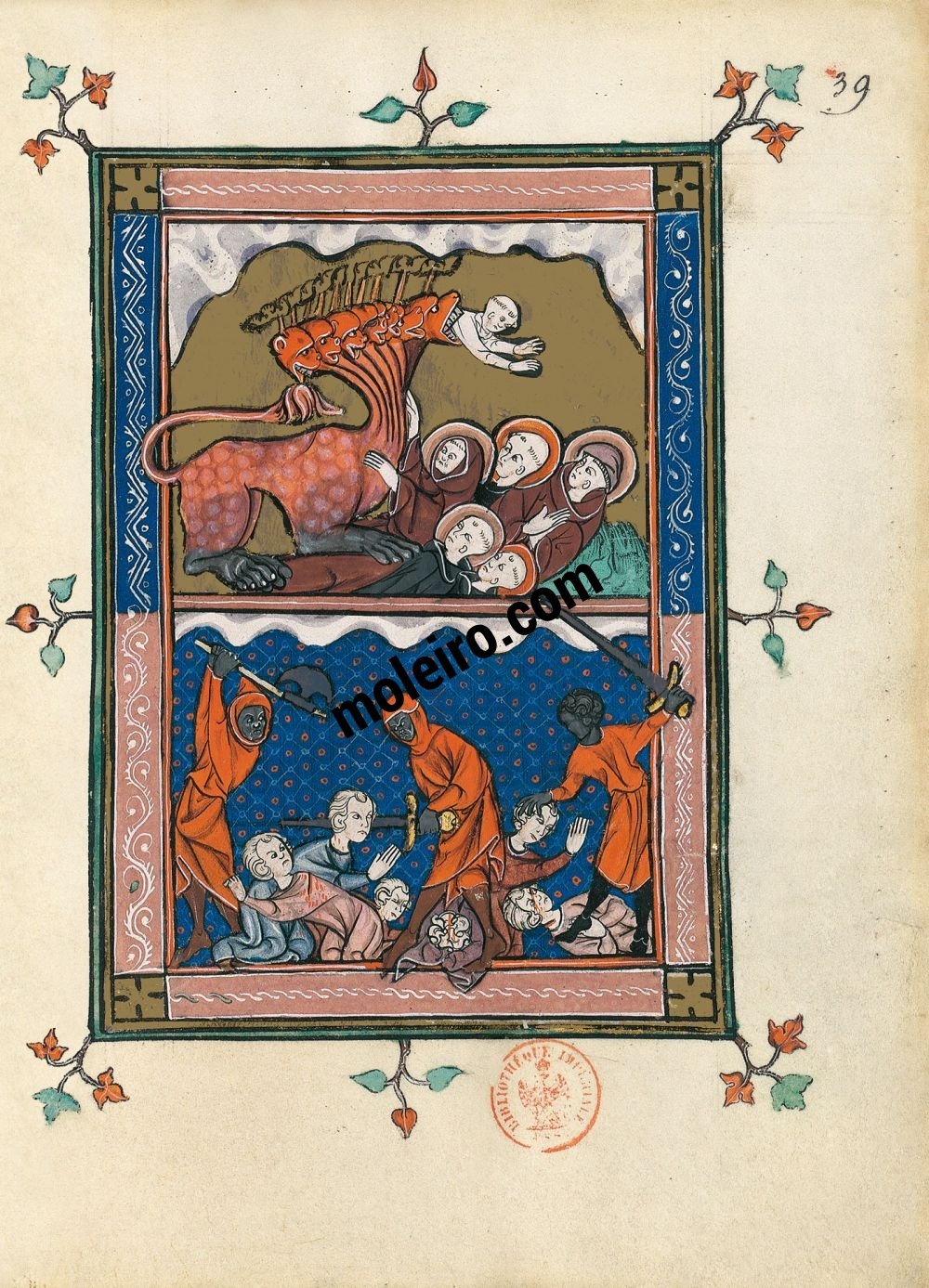 L'Apocalypse en Français La Bête part en guerre contre les saints, f. 39r (Ap. 13, 5-10)