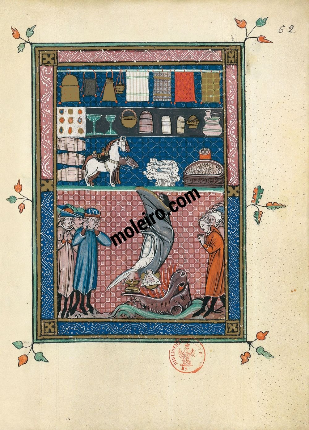 The Apocalypse of 1313 f. 62r, The treasures of Babylon (Ap. 18, 11-14)