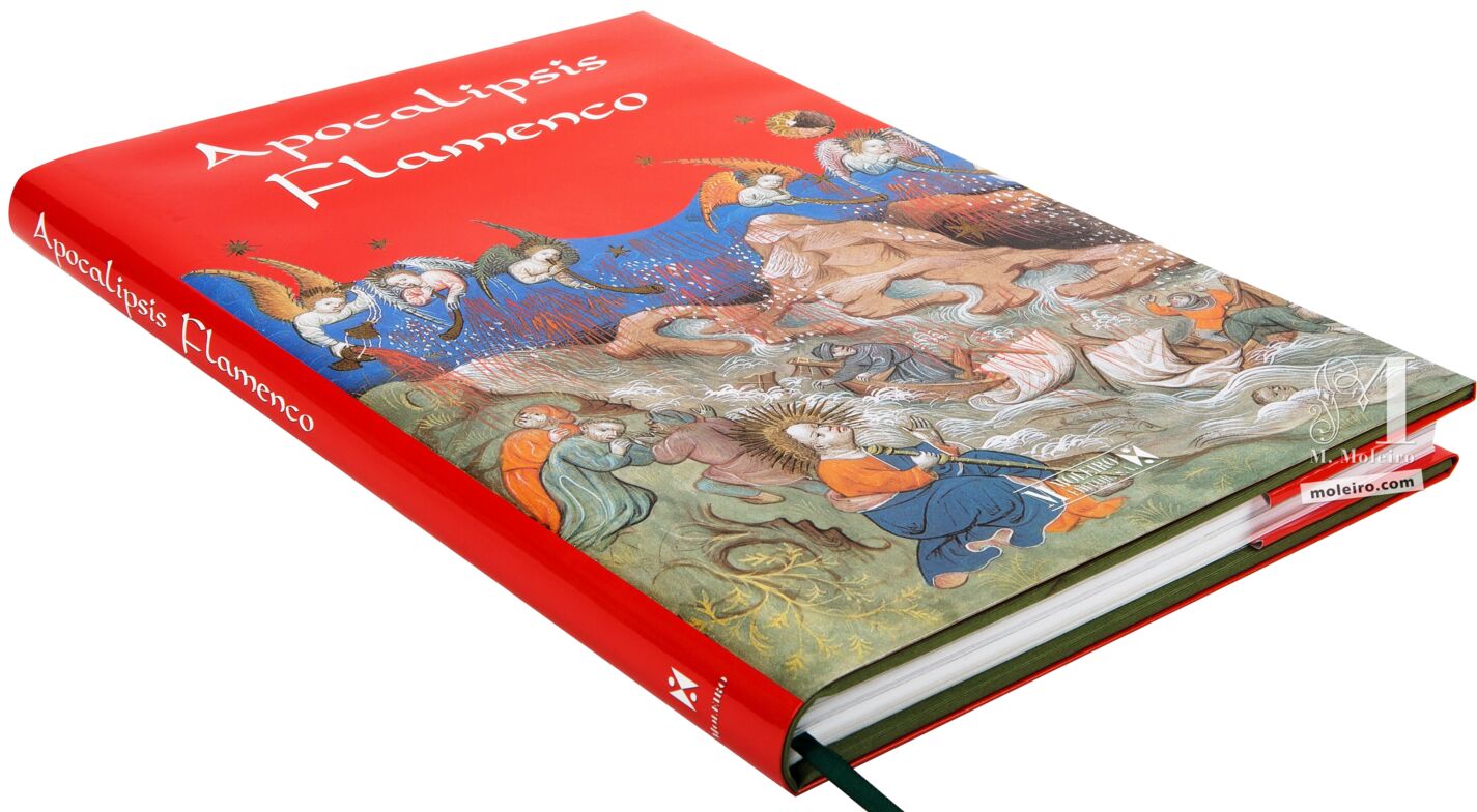 Fotografía l'a s'a en perspectiva de la portada y lomo del libro de arte Apocalipsis Flamenco (principios siglo XV).