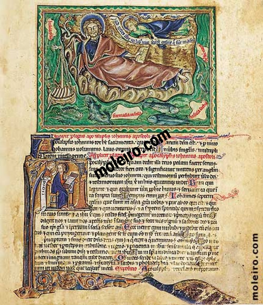 Apocalisse Gulbenkian f.  1r. Langelo sveglia San Giovanni a Patmos