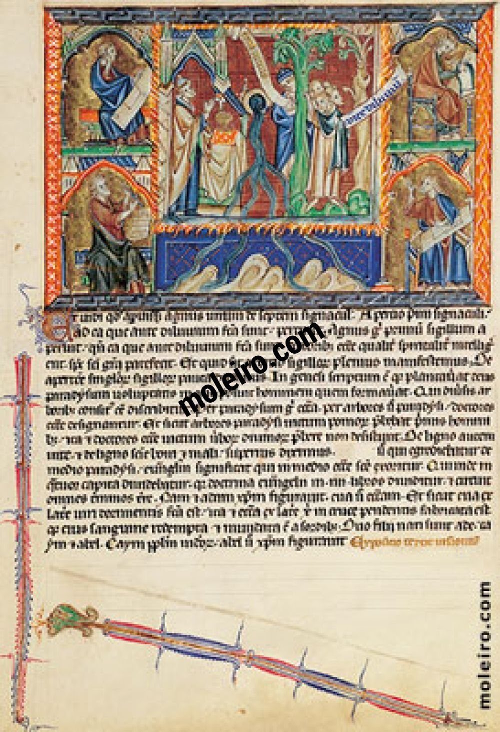 Apocalisse Gulbenkian f.  8v. Il secondo sigillo: il fante sul cavallo rosso