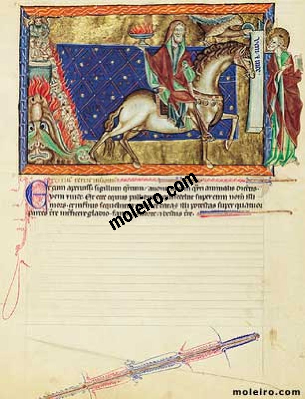 Apocalisse Gulbenkian f.  10v. Il quarto sigillo: il fante sul cavallo giallastro