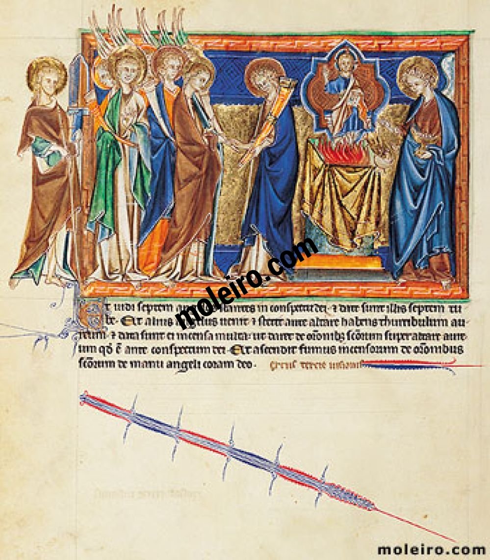 Apokalypse Gulbenkian f. 15v, Das siebte Siegel: die Übergabe der sieben Posaunen; der Engel verbrennt Weihrauch am Altar des Himmels