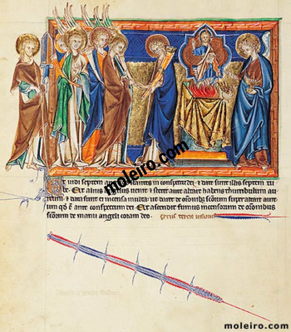 Apocalisse Gulbenkian f.  15v. Il settimo sigillo: la consegna delle sette trombe; langelo sparge dincenso laltare del cielo