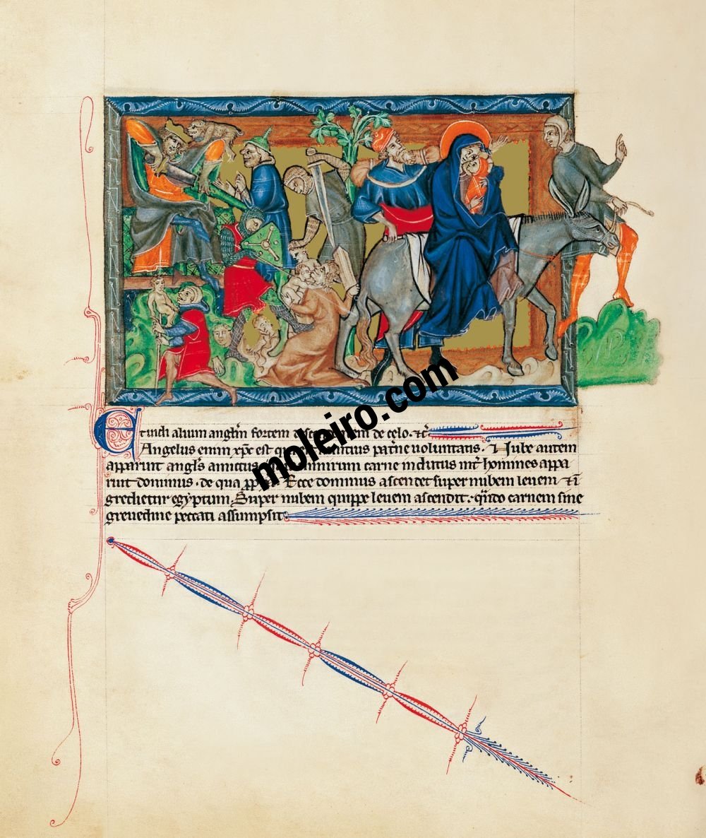 Apocalisse Gulbenkian f.  23v. La strage degli Innocenti; la fuga dallEgitto