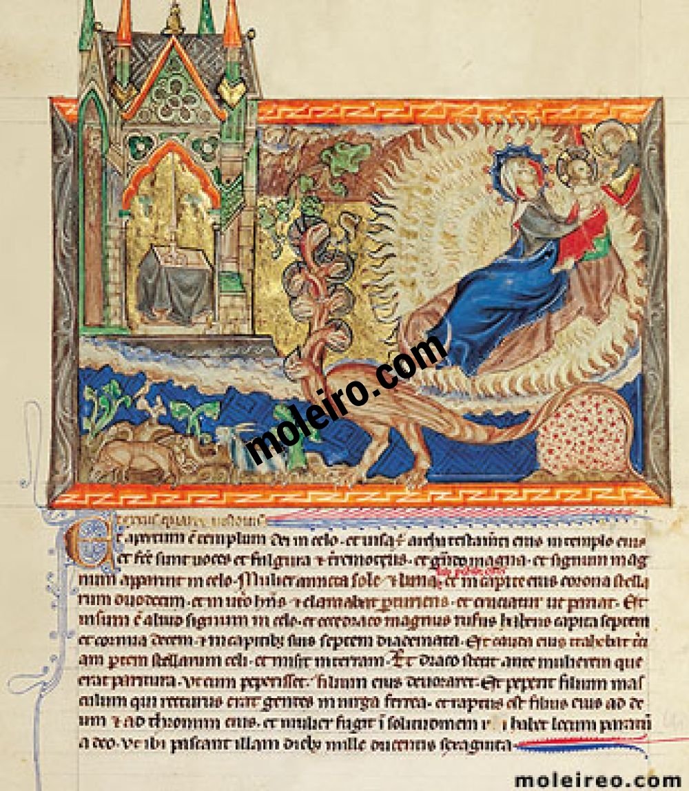 Apokalypse Gulbenkian f. 29r, Der himmlische Tempel; die mit der Sonne bekleidete Frau; der siebenköpfige Drachen