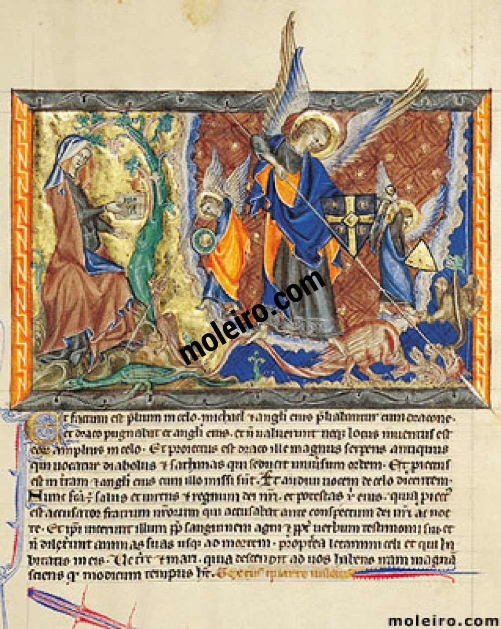 Apocalisse Gulbenkian f.  30r. Lo donna nel deserto; la Guerra nel cielo