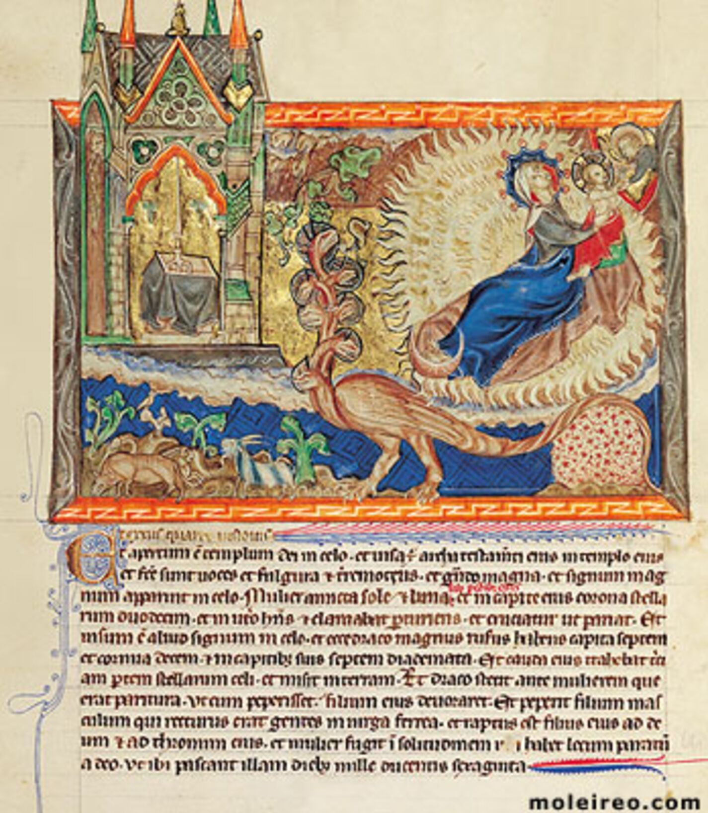 f. 29r, El templo del cielo; la mujer del sol; el dragn de las siete cabezas