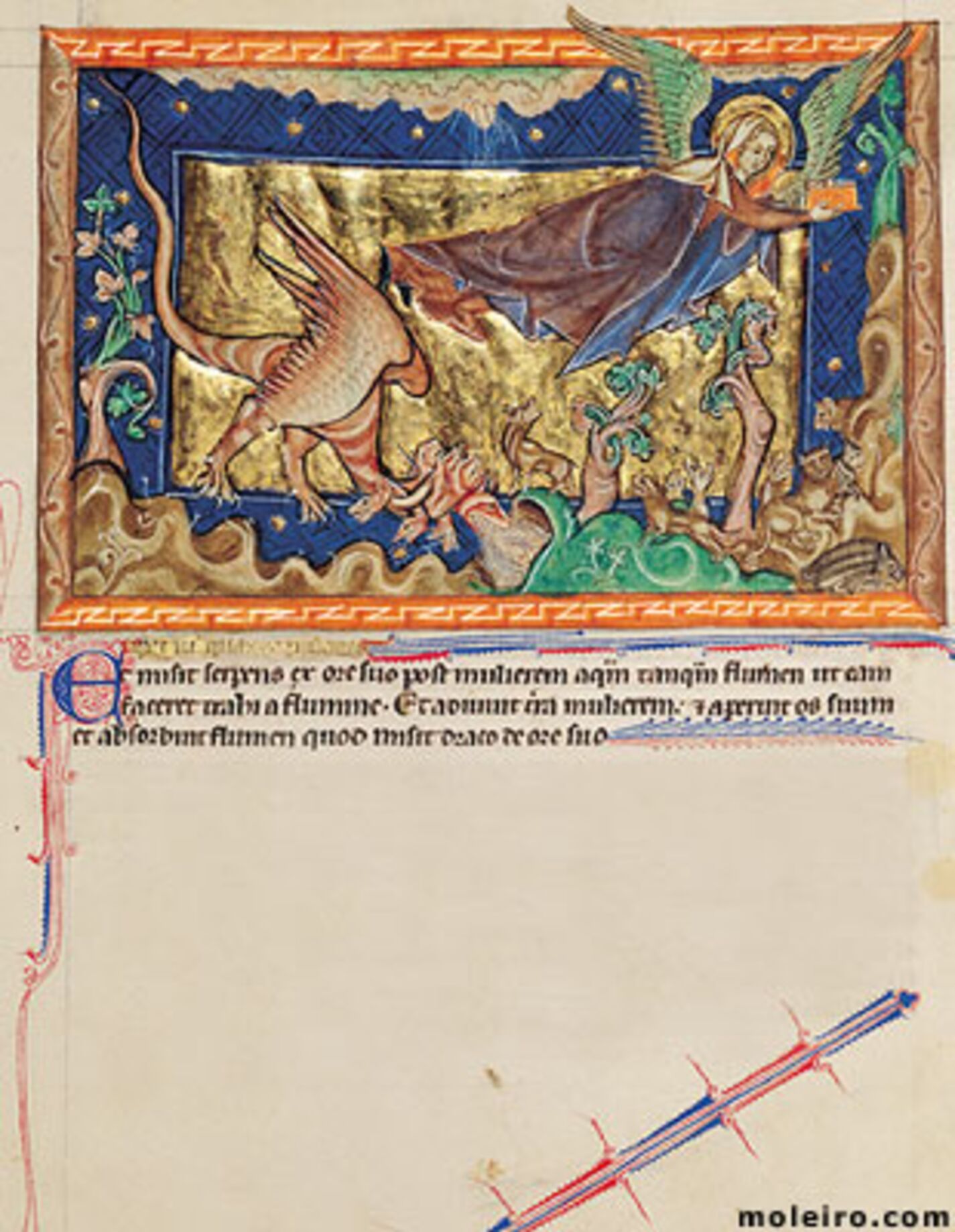f. 32r, El dragón arroja un río de agua tras la mujer