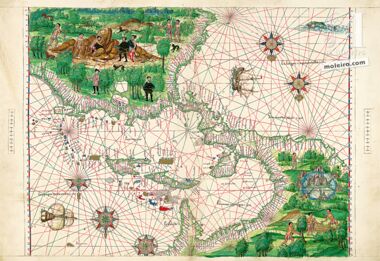 Carte de l'Amérique centrale et des Antilles de l’Atlas Vallard 1 ENLUMINURE QUASI-ORIGINALE