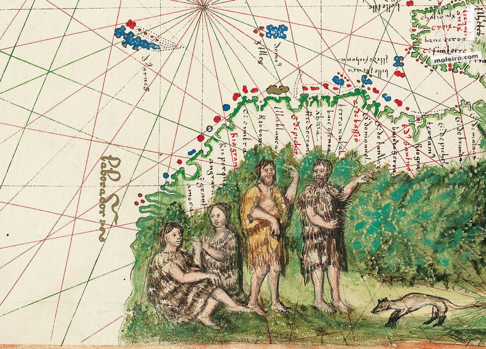 Carte du Canada et de l?Amérique du Nord de l?Atlas Vallard (1547), en qualité  quasi-original , réalisée sur un support spécial fait à la main qui reproduit les caractéristiques du parchemin. Édition en fac-similé de M. Moleiro. Cartographie. Renaissance. XVIème siècle. 16e siècle. Jacques Cartier. Expédition. navire traversant le Pacifique, roses des vents et lignes de rhumbs. Amérindiens
