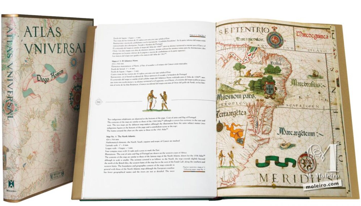 Portada y lomo, y Mapa del Atlántico Norte del libro de arte Atlas Universal de Diogo Homem (S. XVI)