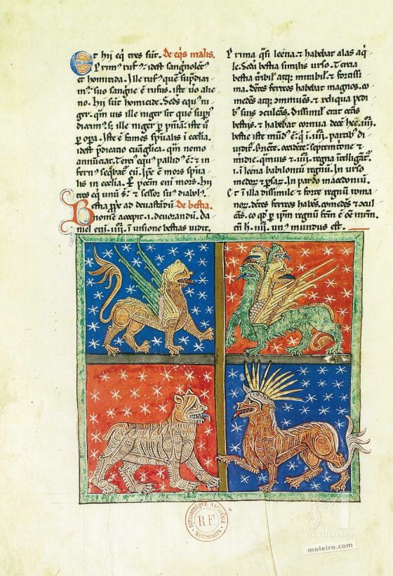 Sélection de 12 affiches du Béatus de Arroyo Les quatre bêtes de Daniel (f. 18v), Béatus de Arroyo